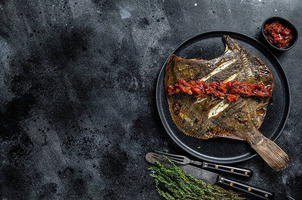 Жареная плоская рыба или Камбала в томатном соусе. Чёрный фон. Вид сверху. Копирование пространства