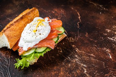 Somon füme ve avokadoyla haşlanmış yumurta. Karanlık arka plan. Üst Manzara. Boşluğu kopyala