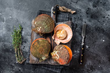 Tahtada pişmemiş çiğ kraliçe neşteri. Siyah arka plan. Üst görünüm