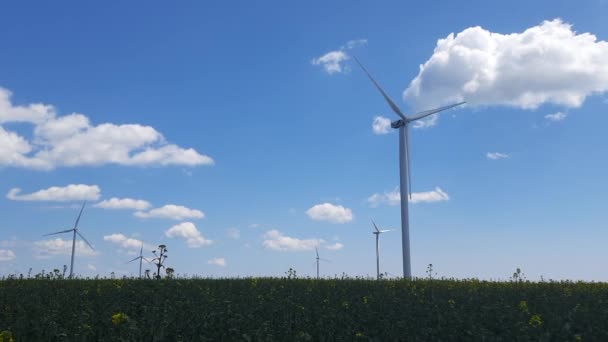 Energia Indústria Enormes Turbinas Eólicas Com Hélices Rotativas Campo Fontes — Vídeo de Stock