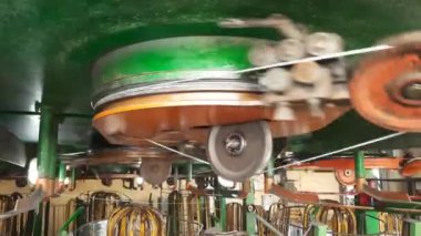 Kablo yapma makinesi. Üretim ekipmanlarının parçaları dönüyor. Eski fabrika.