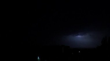 Gece fırtınalı gökyüzü. Gökte gök gürültüsü ve şimşek.