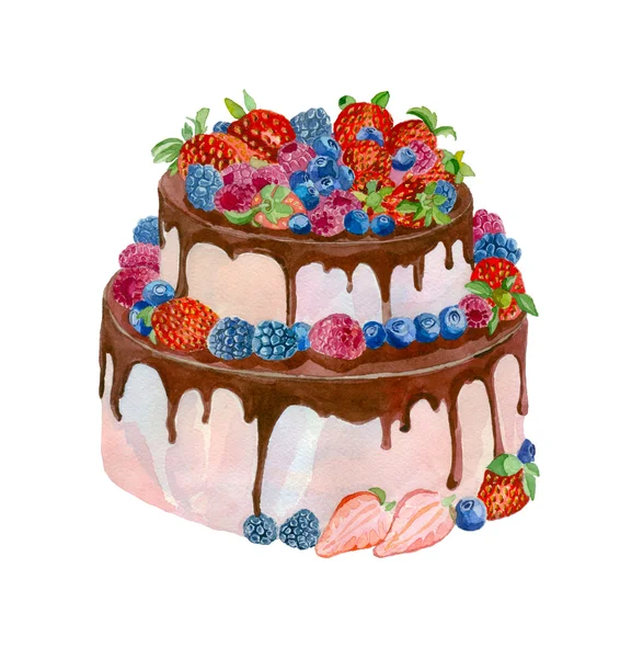 有浆果的水彩蛋糕 — 图库矢量图片
