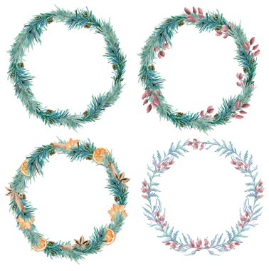 Çam dallı suluboya Noel çelenkleri..