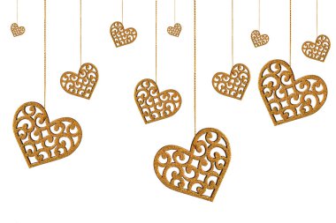 Kusursuz desenli, izole edilmiş sarı kalpli, beyaz arka planda kesikleri olan. Sevgililer Günü ya da düğün konsepti.