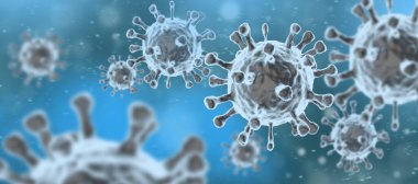 Mavi arka planda mikroskop altında bulunan virüs bakterileri veya mikroorganizmalar. 3 boyutlu bakteriler. Salgın sağlık riski kavramı.