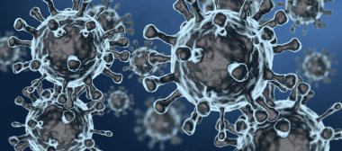 Mavi arka planda mikroskop altında bulunan virüs bakterileri veya mikroorganizmalar. 3 boyutlu bakteriler. Salgın sağlık riski kavramı.