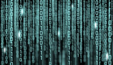 LED 1 ve 0 numaralı hafif metin. Monitörde ikili kod var. Teknoloji grafik tasarım arka planı