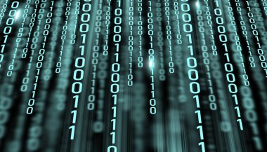 LED 1 ve 0 numaralı hafif metin. Monitörde ikili kod var. Teknoloji grafik tasarım arka planı