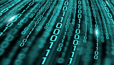 LED 1 ve 0 numaralı hafif metin. Monitörde ikili kod var. Teknoloji grafik tasarım arka planı