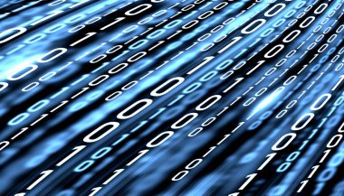 LED 1 ve 0 numaralı hafif metin. Monitörde ikili kod var. Teknoloji grafik tasarım arka planı