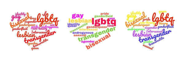 Bunte Regenbogen Stolz Herzform Tagcloud isoliert auf weißem Hintergrund. Illustration mit Worten — Stockvektor