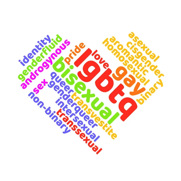 Coloré Rainbow Pride forme de coeur Tagcloud isolé sur fond blanc. Illustration avec des mots — Image vectorielle