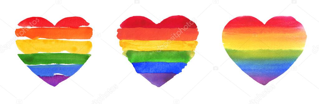 Watercolor Hand Painted Colorful Rainbow Set. Pride Flag Isolated on White Paper