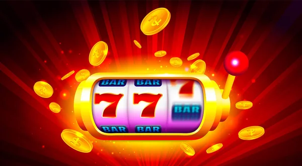 Máquina tragaperras con iconos y monedas sobre fondo colorido. Ilustración de banner de casino en línea — Vector de stock