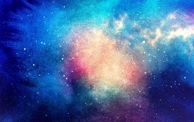 Kozmik çizim. Güzel renkli bir arka plan. Suluboya Kozmos