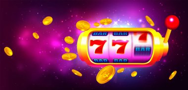 Renkli Arkaplanda Simgeleri ve Paraları olan Slot Makinesi. Çevrimiçi Kumarhane Sancağı