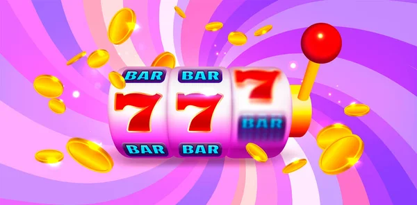 Máquina tragaperras con iconos y monedas sobre fondo colorido. Ilustración de banner de casino en línea — Vector de stock