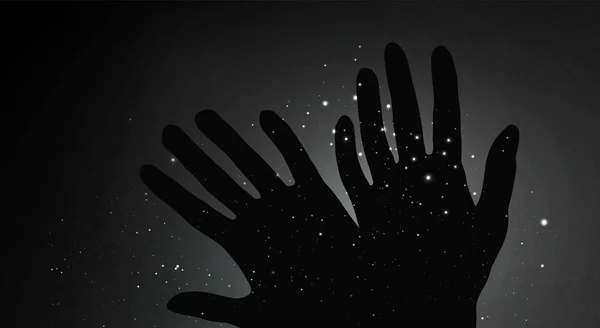 Schwarz Weiße Vektorillustration Mit Händen Auf Dunklem Hintergrund Mit Sternen — Stockvektor