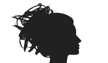 Siyah Siluet Kadın Başı 'nın Beyaz Arkaplan Vektör İllüstrasyonunda Vahşi Saçlı Profili