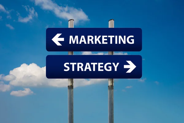 two road signs about marketing and strategy concepts