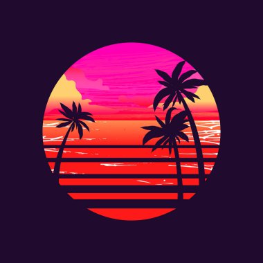 Güneş 'in silueti, içinde günbatımı, okyanus ve palmiye ağaçları var. Retrowave, synthwave tarzı. Vektör illüstrasyonu