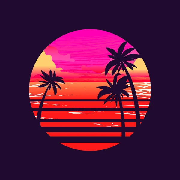 Silhouette del sole con tramonto, oceano e palme all'interno. Retroonda, stile synthwave. Illustrazione vettoriale — Vettoriale Stock