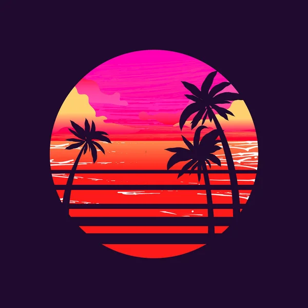 Silhouette der Sonne mit Sonnenuntergang, Meer und Palmen im Inneren. Retrowelle, Synthwave-Stil. Vektorillustration — Stockvektor