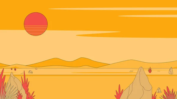 Desert with red sun at sunset — Stock Vector