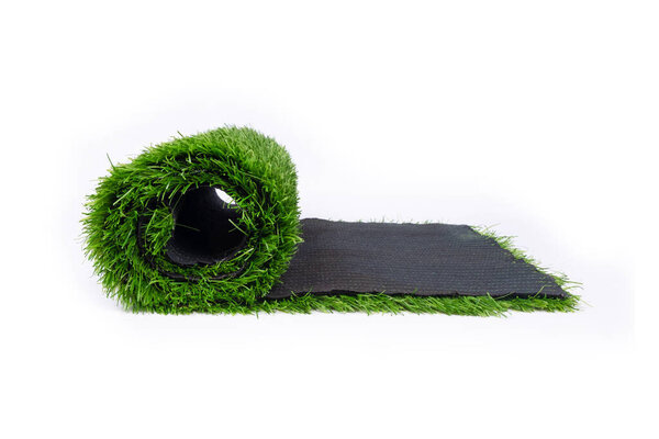 roll of artificial turf isolated on white background, coating for sports grounds