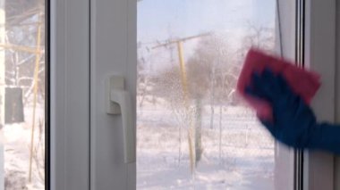 Eldivenli bir kadın temizleme spreyi ve bez ile pencereyi yıkıyor, evi temizliyor.