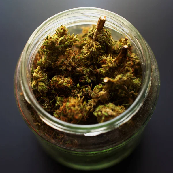 Glass jar with dried cannabis buds — Stock Photo, Image