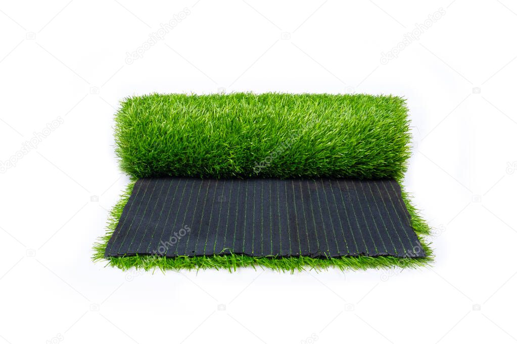 green grass, roll of artificial grass, coating isolated on white background