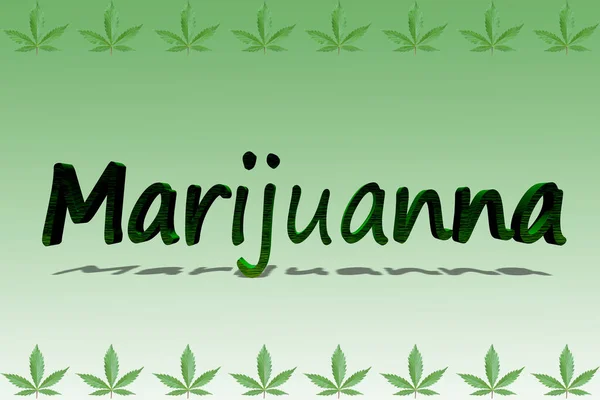 La palabra marihuana y hoja verde y degradado fondo 3d ilustración — Foto de Stock