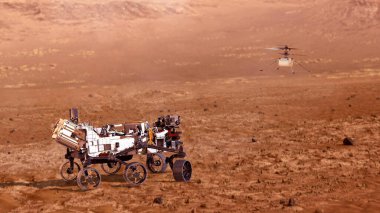 Yaratıcılık robotu ve Mars Rover, Mars gezegeninin keşfi. NASA 'nın 3 boyutlu resimleriyle donatılmış bu görüntünün elementleri.