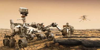 Mars Rover azmi ve hünerli helikopter dronu. Bu görüntünün elementleri NASA 3D illüstrasyon tarafından döşenmiştir..