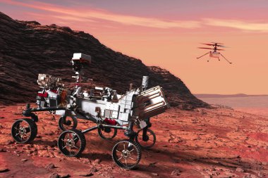 Mars Rover Perseverance İniş ve yaratıcılık İHA 'sı. Bu görüntünün elementleri NASA 3D illüstrasyon tarafından döşenmiştir..