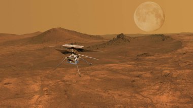 Kızıl Gezegen, Mars gezgini ve İHA 'nın keşfi. NASA 3 boyutlu illüstrasyon tarafından desteklenen bu görüntünün elementleri