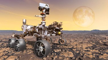 Mars gezgini, turuncu bir gezegenin arka planında Mars 'ın yüzeyini keşfeder. Bu görüntünün 3 boyutlu illüstrasyon elementleri NASA tarafından desteklenmektedir.