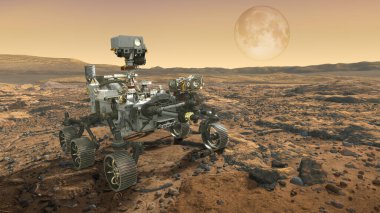 Mars gezgini, turuncu bir gezegenin arka planında Mars 'ın yüzeyini keşfeder. Bu görüntünün 3 boyutlu illüstrasyon elementleri NASA tarafından desteklenmektedir.
