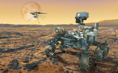 Mars gezgini ve Mars İHA 'sı keşif yapıyor. Bu görüntünün 3 boyutlu illüstrasyon elementleri NASA tarafından desteklenmektedir.