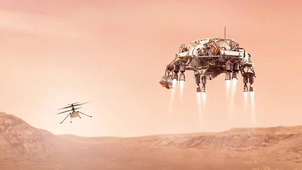 Uppfinningsrikedom Helikopter Och Mars Rover Landning Den Röda Planeten Element — Stockfoto