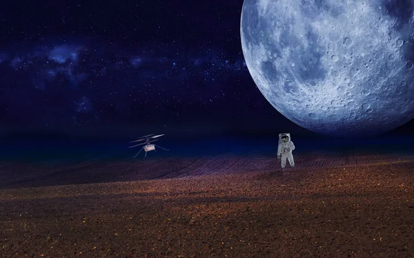 astronaut and drone exploring planet on the background of a shining moon.Elements of this image furnished by NASA 3D illustration.