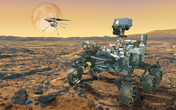 Mars rover and mars drone explores. 3d illustration Elements of this image furnished by NASA.