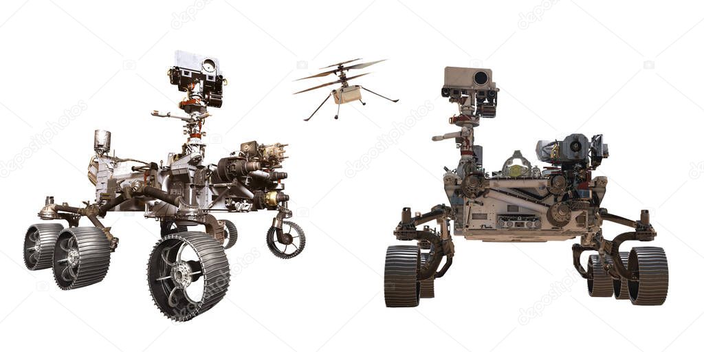 Curiosity and Perseverance mars rover,ingenuity helicopter drone isolated.Elements of this image furnished by NASA 3D illustration