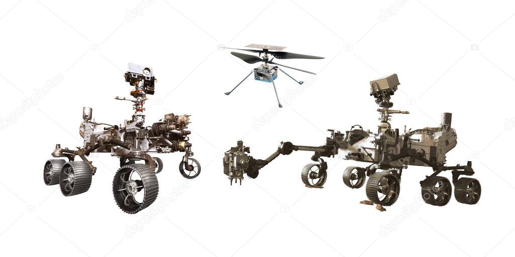 martian rovers and ingenuity helicopter on white background,Elements of this image furnished by NASA 3D illustration.