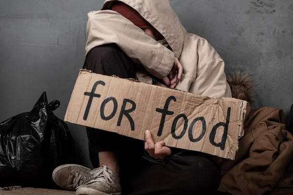 Beggar Asks Food Sign Help — Zdjęcie stockowe