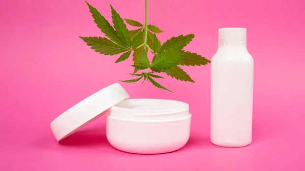 Skin Care Cosmetics Marijuana Extract Pink Background Rejuvenating Cream Cannabis — Foto de Stock