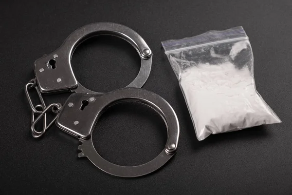 Drug Punishment Handcuffs White Cocaine Powder Top View — Stock Photo, Image