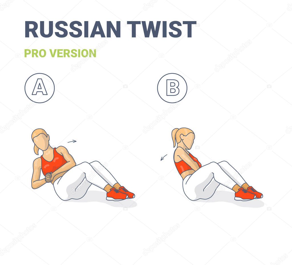 Russian Twists Female Home Workout Exercise Guide Illustration in Two Steps.